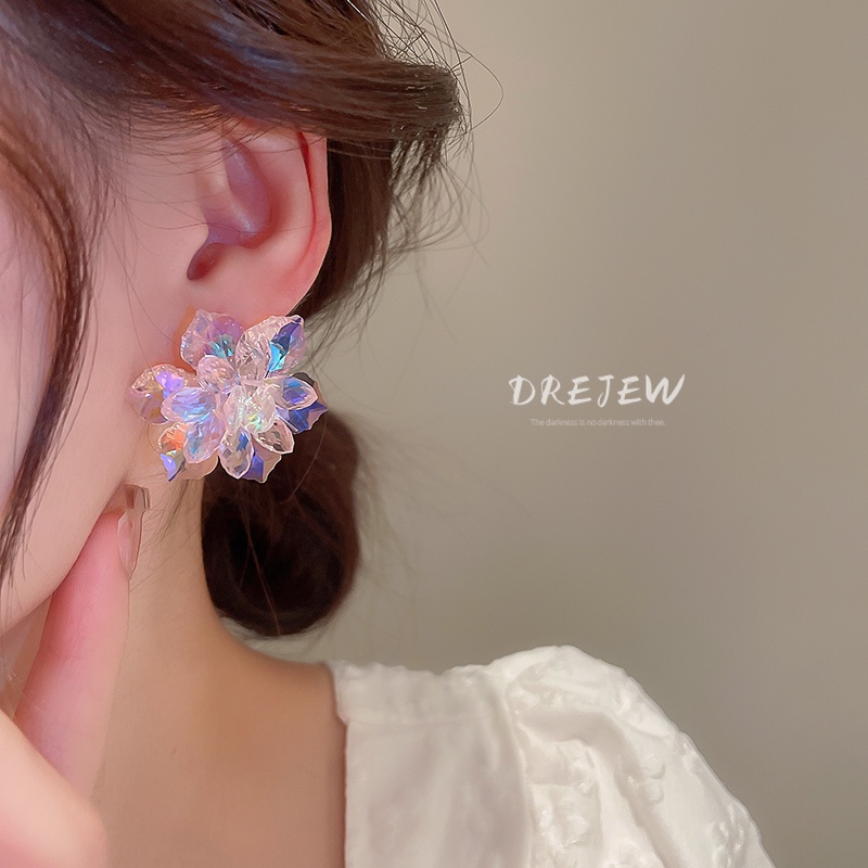 DREJEW Khuyên tai mạ bạc hình hoa đính đá nhiều màu sắc phong cách Hàn Quốc thời trang cho nữ