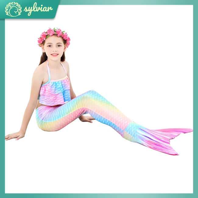 Bộ Đồ Bơi 3 Mảnh Họa Tiết Nàng Tiên Cá Màu Sắc Gradient Dành Cho Bé 3-12 Tuổi