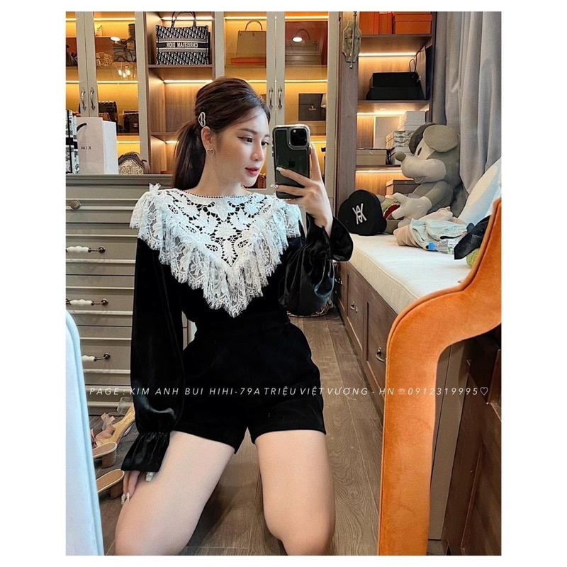 Sét áo nhung dài tay phối ren + quần sooc nhung