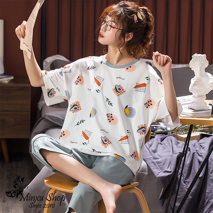 Bộ ngủ, bộ mặc nhà nữ cao cấp quần lửng áo ngắn tay mát mẻ | BigBuy360 - bigbuy360.vn