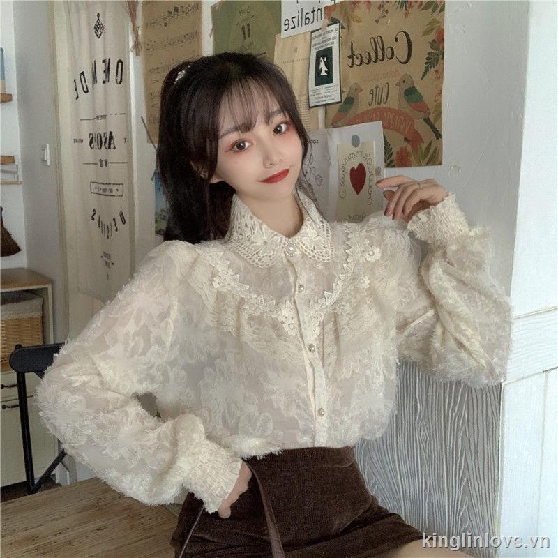❤Nước hoa miễn phí❤Áo Sơ Mi Chiffon Tay Dài Phối Ren Mới