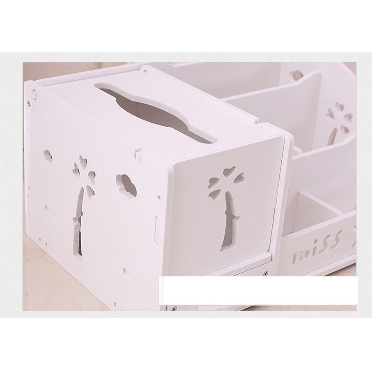 Kệ mỹ phẩm gỗ để bàn in chữ miss you kèm hộp đựng khăn giấy kích thước 28x19x14cm