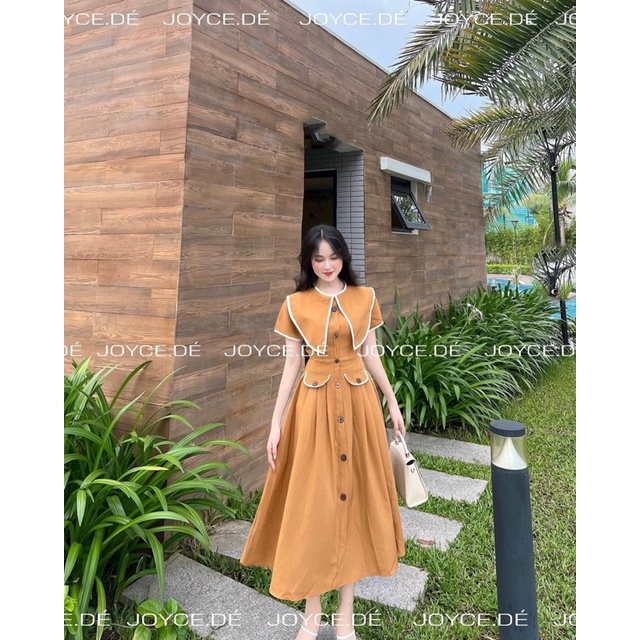 Đầm Cổ Nhọn Dáng Dài đính Nút Siêu Xinh Hàng Thiết Kế Cao Cấp