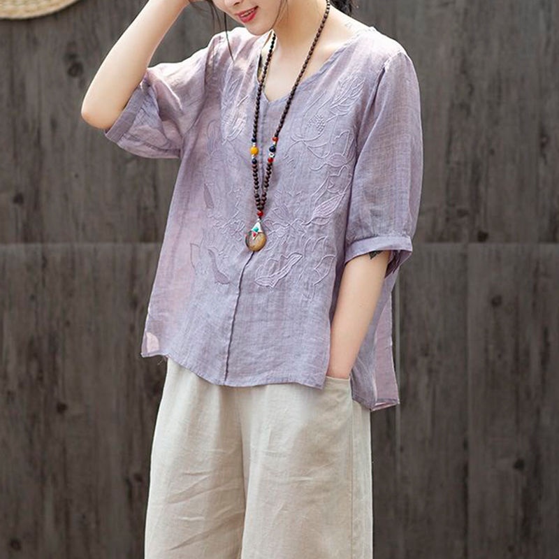 Áo Thun 100% Cotton Mỏng Tay Ngắn Thoáng Khí Thêu Hình Hoa Sen Phong Cách Retro  100% Cotton Cho Nữ 2022