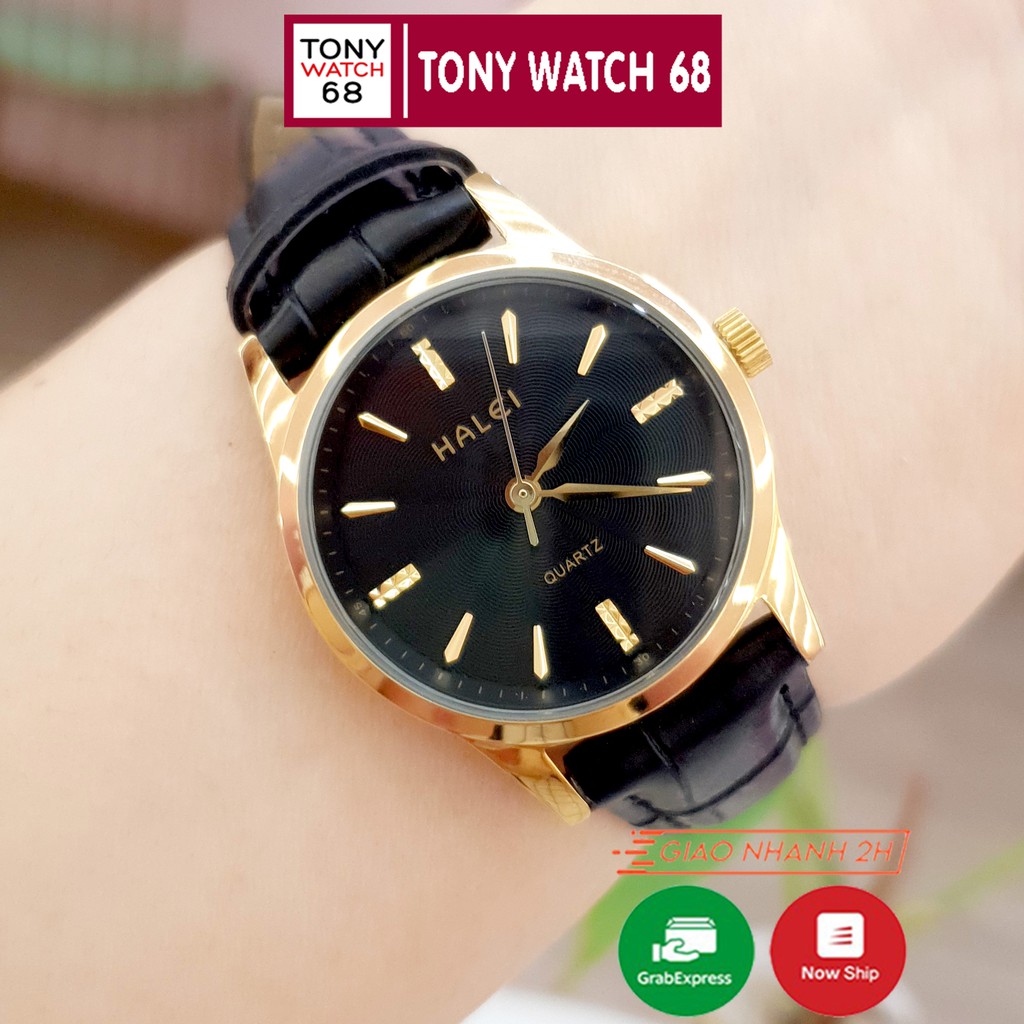 Đồng hồ đôi nam nữ Halei dây da đeo tay cao cấp đẹp mặt nhỏ số đá viền vàng chính hãng | BigBuy360 - bigbuy360.vn