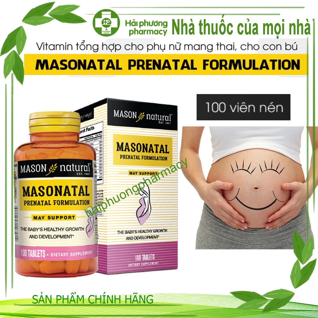 Viên uống vitamin bổ tổng hợp cho bà bầu Masonatal Prenatal Mason Natural Lọ 100 Viên - Giảm nguy cơ dị tật thai nhi