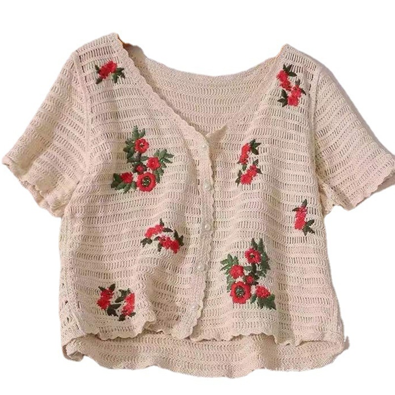 Áo Khoác Cardigan Dệt Kim Tay Ngắn Cổ Chữ V Đính Nút Thêu Hoa Phong Cách Boho Thời Trang Mùa Hè Cho Nữ
