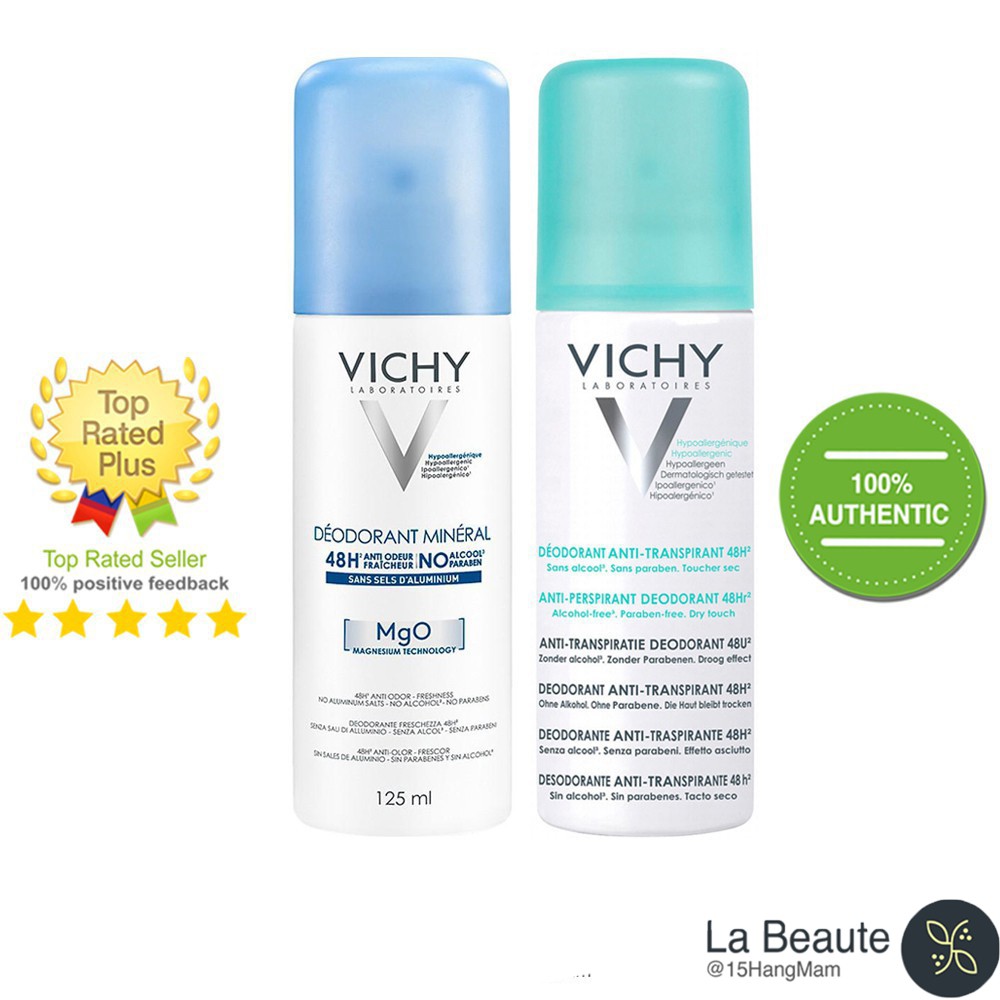 Vichy Desodorant Anti-Transpirant 48h &amp; Déodorant Minéral 48H MgO - Xịt Khử Mùi Vichy 125ml