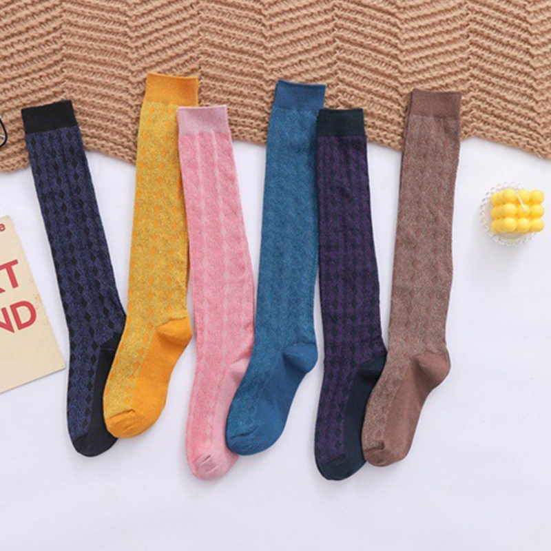 Youyo Vớ Cotton Cao Đến Đầu Gối Harajuku Kẻ Sọc Kim Cương Màu Trơn Cổ Điển Hàn Quốc Cho Nữ Sinh