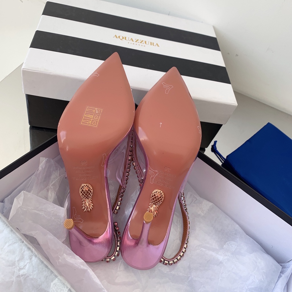 Giày cao gót nữ da thật thời trang cao cấp Aquazzura thiết kế đính viền đá sang trọng, thời thượng