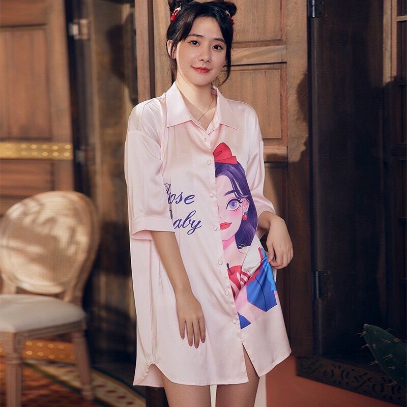 Váy ngủ sơmi tay lỡ H A I R LOVE lụa satin cao cấp quảng châu