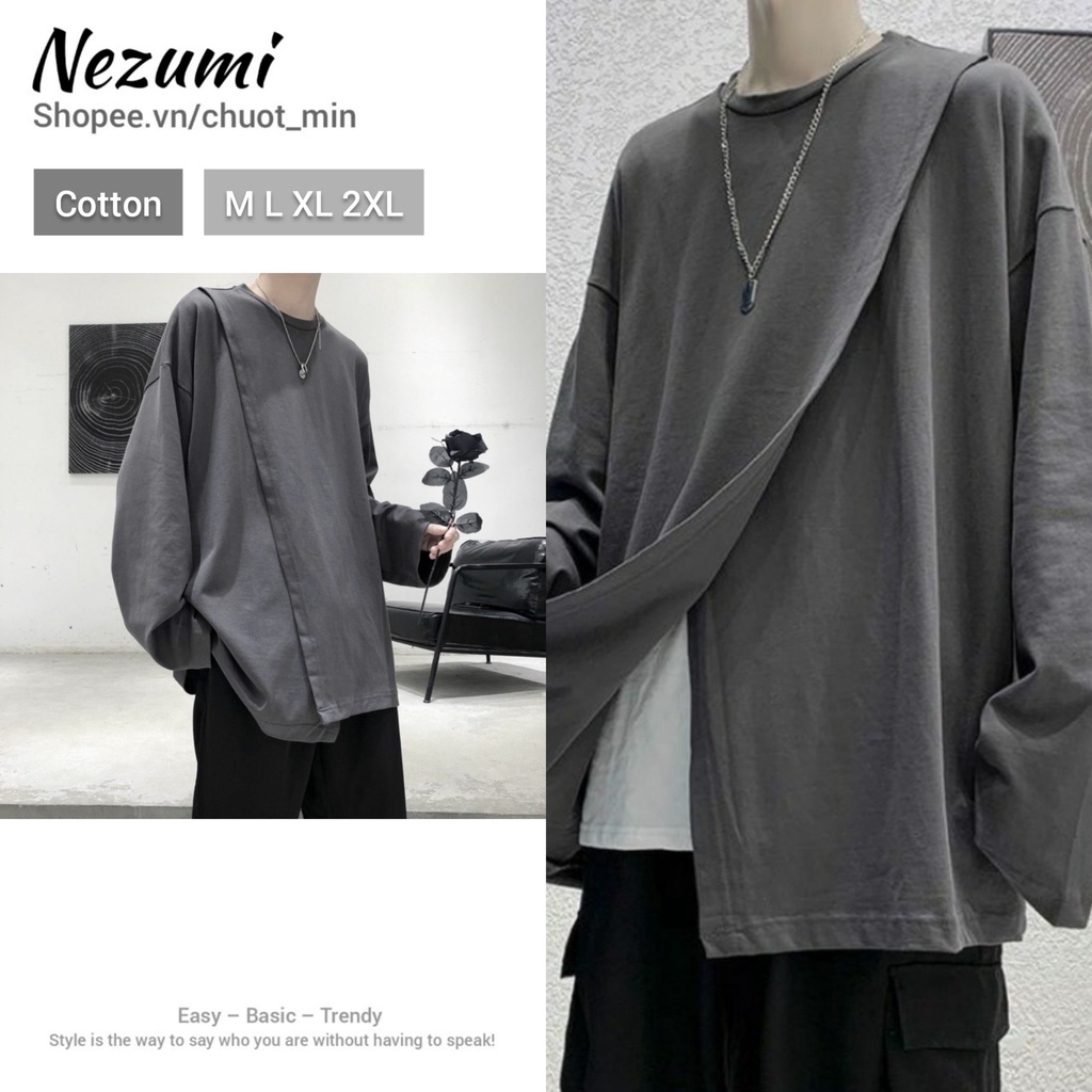 (Sẵn đen) Áo thun dài tay xẻ 100% cotton vạt chéo unisex nam nữ hip hop dance Châu Âu