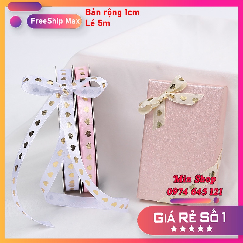 { Lẻ 5 mét } Ruy băng lụa bản rộng 1cm in hình trái tim [Full 10 màu]