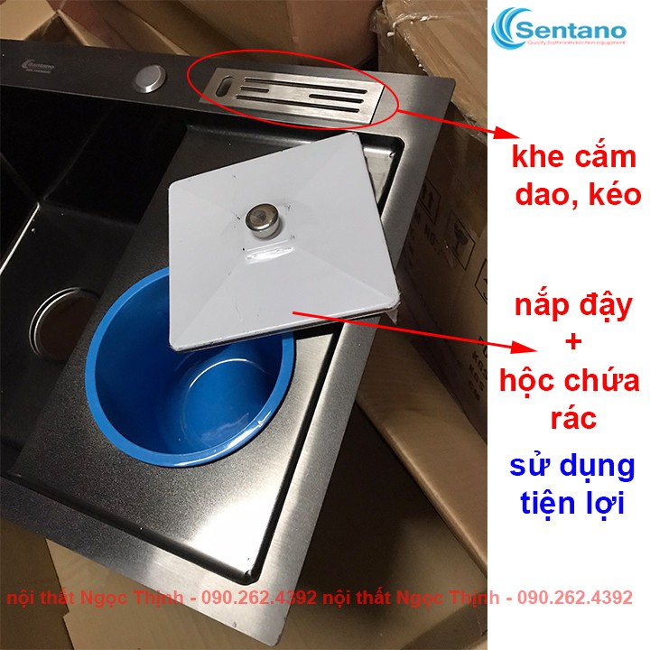 Combo Chậu rửa chén bát SENTANO inox sus304 nano đen chống trầy xước 100x48cm ( có bàn chờ và hộc chứa rác )