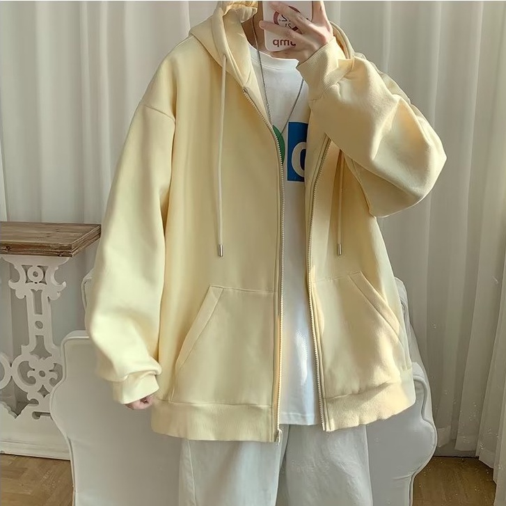 Áo Khoác hoodie Màu Trơn Phối Khóa Kéo Thời Trang Hàn Quốc Cho Nam Và Nữ