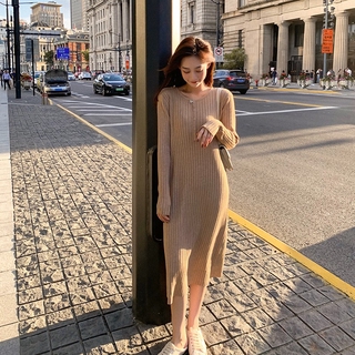 Váy len tăm cài cúc dài mỏng mềm Ulzzang Hàn Quốc cỡ đại béo mập thu đông thanh lịch dạo phố cơ bản