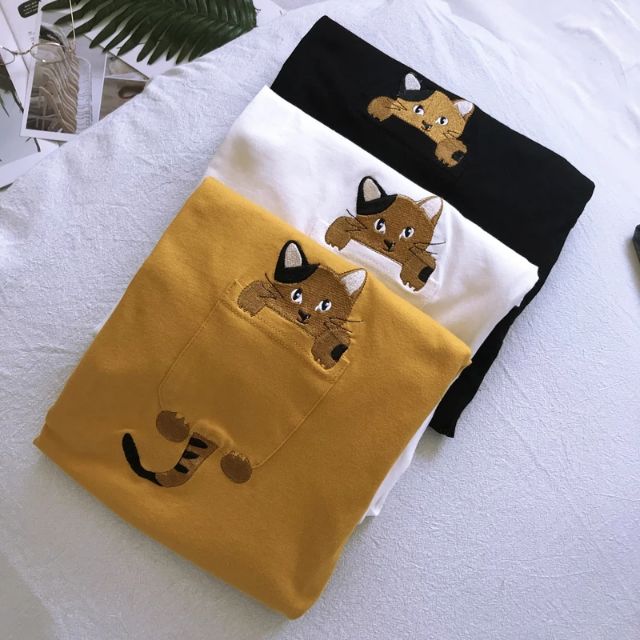 Áo nữ, áo thun nữ, áo uzzlang, áo tay lỡ, áo thun thêu hình mèo, áo mèo, áo tay lỡ unisex from rộng 