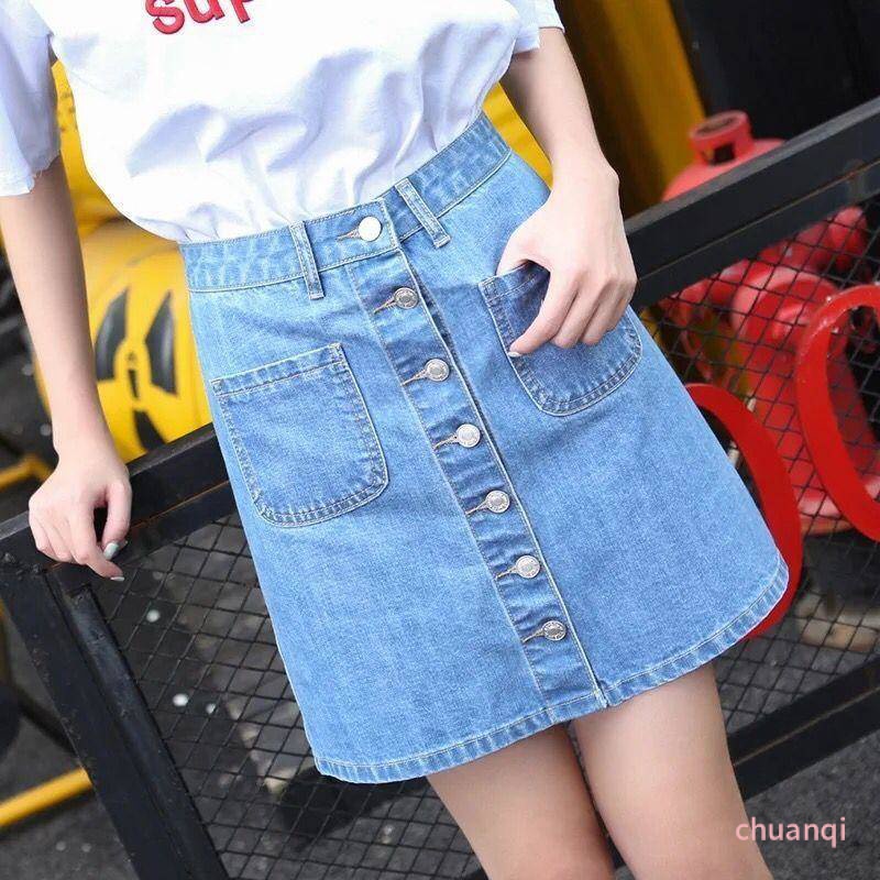 Chân váy jean Chữ A Lưng Cao Phối Hàng Nút Thời Trang Xuân Hè Phong Cách Hàn Quốc