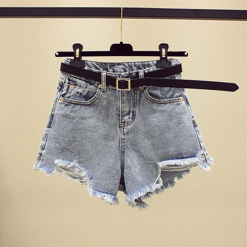 Quần short denim SUXI lưng cao ống rộng phối rách cá tính phong cách Hàn Quốc