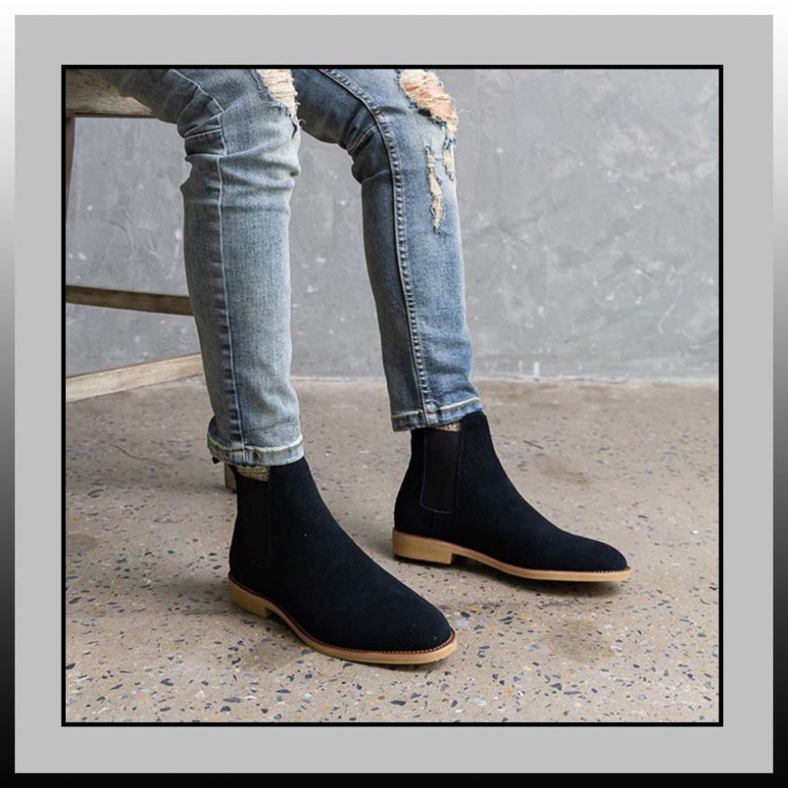 Giày nam Chelsea boots thời trang da lộn màu đen đế tăng 3.5cm chiều cao