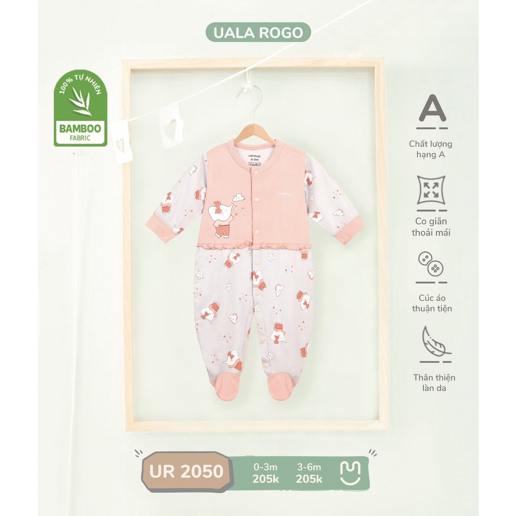 Bộ Bodysuit chùm chân UalaRogo cho bé sơ sinh 0-6 tháng vải sợi tre co giãn mềm mát