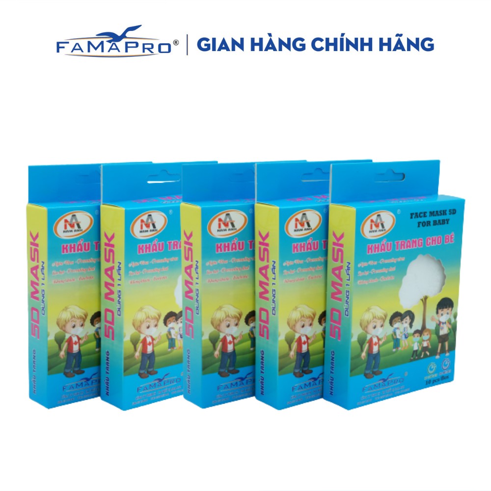 [HỘP-10 CÁI-QUAI THUN] COMBO 5 HỘP Khẩu trang y tế 3 lớp kháng khuẩn trẻ em Famapro 5D BABY TRƠN
