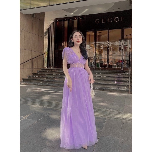Maxi lưới lót phi hở xẻ ngực sexy quyến rũ gợi cảm quý phái - đầm váy xoè dài dự tiệc sự kiện cao cấp có hình thật