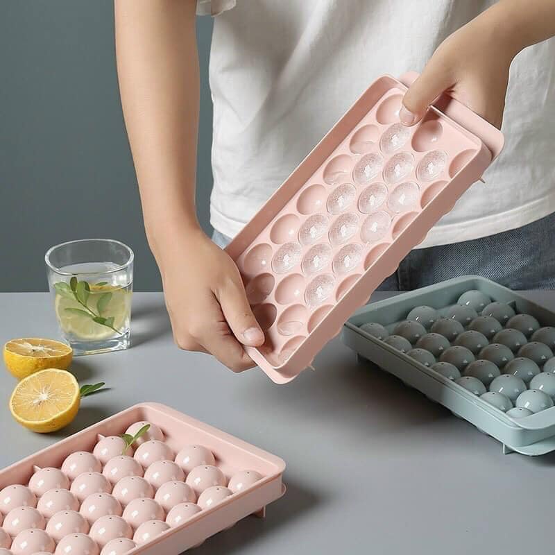 Khay Làm Đá Tròn Thế Hệ Mới Loại 33 Viên - Khuôn Làm Thạch Hoa Quả Hình Bi Có Nắp Đảm Bảo Vệ Sinh