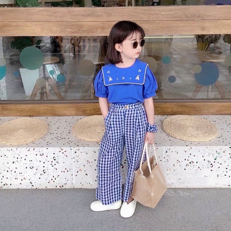 Se7en Set Áo Sơ Mi Ngắn Tay Màu Trơn + Quần Thời Trang Hè Hàn Quốc Cho Bé Gái