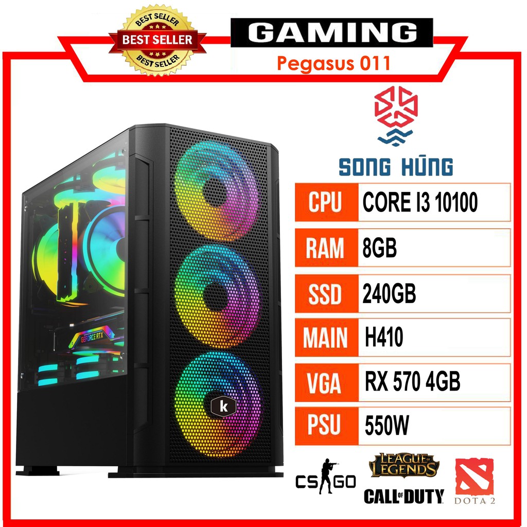 Máy bộ PC GAMING Pegasus 011 ((I3 10100F/H410/16GB-RAM/RX570  /500W/Tản nhiệt CPU Jonsbo CR-1000 RGB)