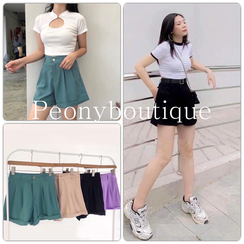 Quần Short Đùi Gập Gấu PEONYB Nữ [FREESHIP]  Shorts trơn cạp khuy lưng cao, sooc ĐEN | BE | XANH | TÍM Ulzzang HOT