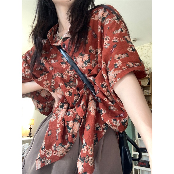 Áo Sơ Mi Tay Ngắn Dáng Rộng In Hình Hoa Hồng Phong Cách Vintage