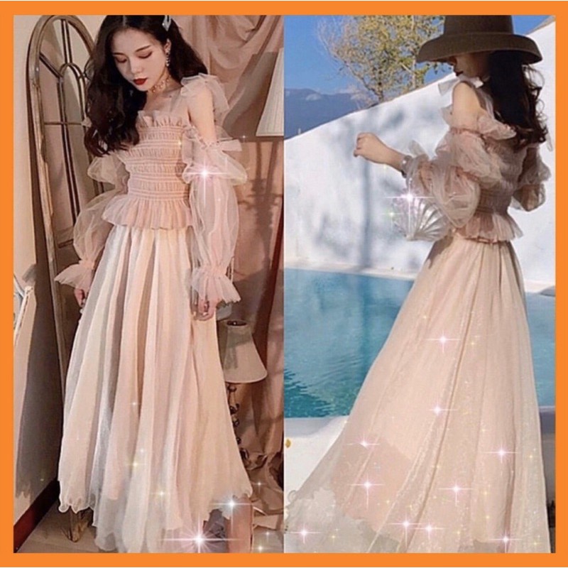 ♥️Set Áo Ren+Chân Váy Xoăn Xoè(ảnh thật)Size S,M,L Maxi đi biển