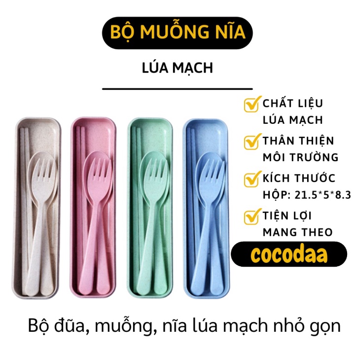 Bộ Đũa Muỗng - Bộ Muỗng, Đũa, Nĩa Lúa Mạch Có Hộp Đựng, Thân Thiện Môi Trường 6846 [FREESHIP]