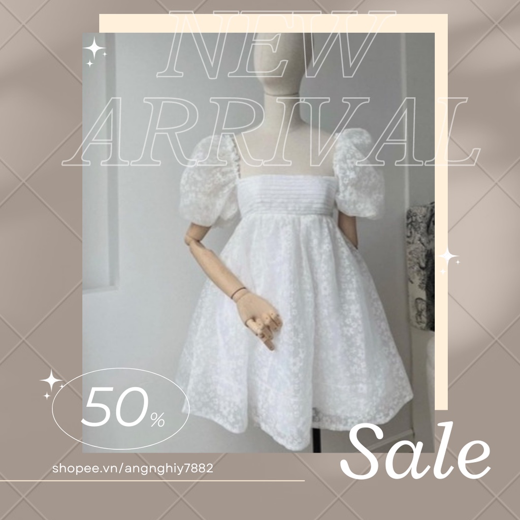 Váy đầm nữ trắng thắt nơ tay phồng cổ vuông có mút phối ren hàng chuẩn freesize dự tiệc dạo phố dễ thương m&n