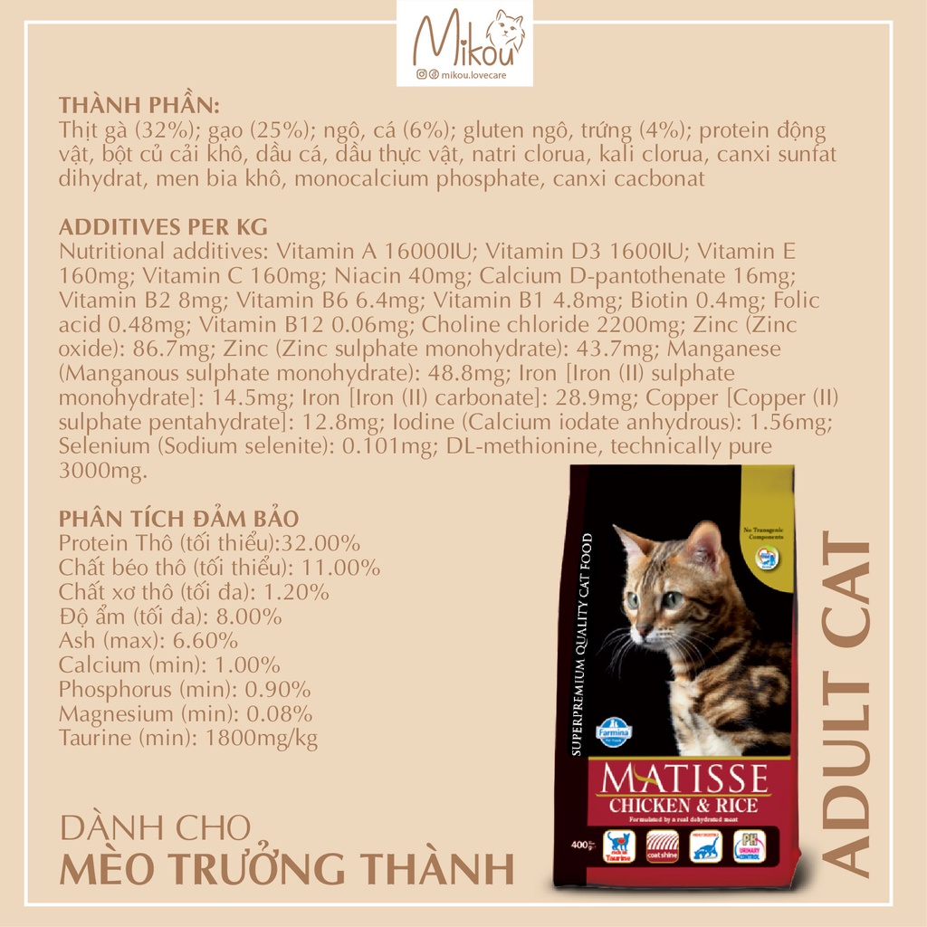 Thức ăn cho mèo trưởng thành, vị cá thu cá hồi, vị gà, hạt Matisse Farmina, mikou shop