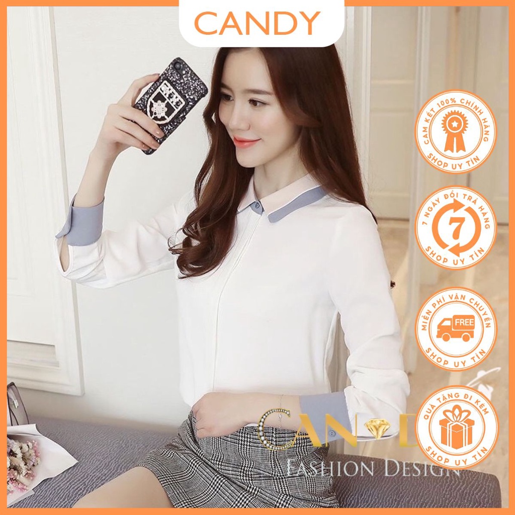 Áo sơ mi nữ kiểu công sở dài tay cổ đức phối màu ghi chất lụa mềm mát SM77 Candy Fashion