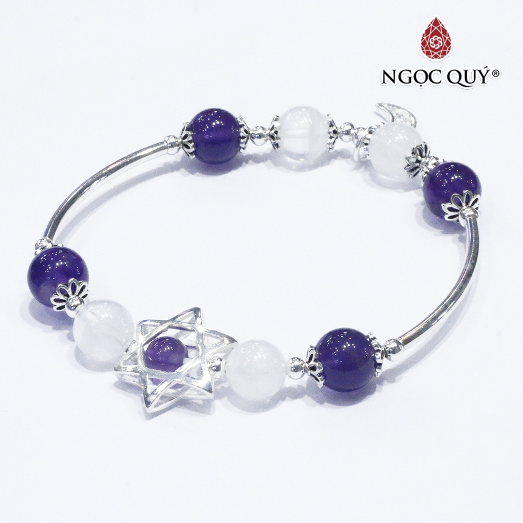 Vòng TA ưu linh trắng phối TA tím charm bạc - Ngọc Quý