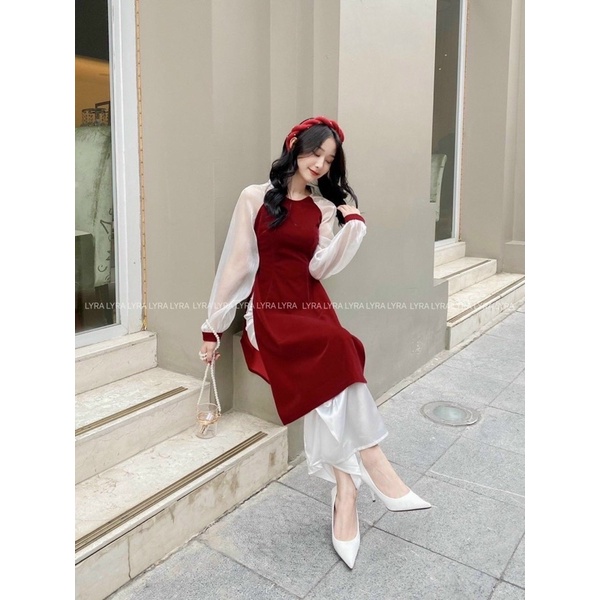 Áo dài xuân 2022 màu đỏ đô Freesize 46-53kg chất lượng cao