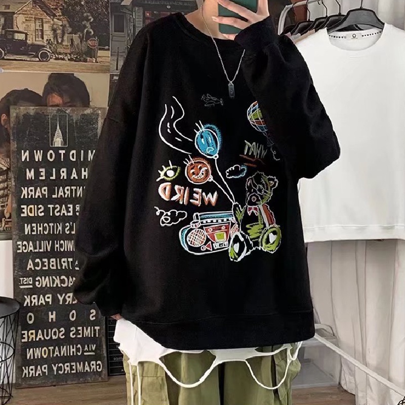 Áo sweater tay dài cổ tròn dáng rộng in họa tiết Graffiti phong cách Nhật Bản thời trang cho nam size M-5XL