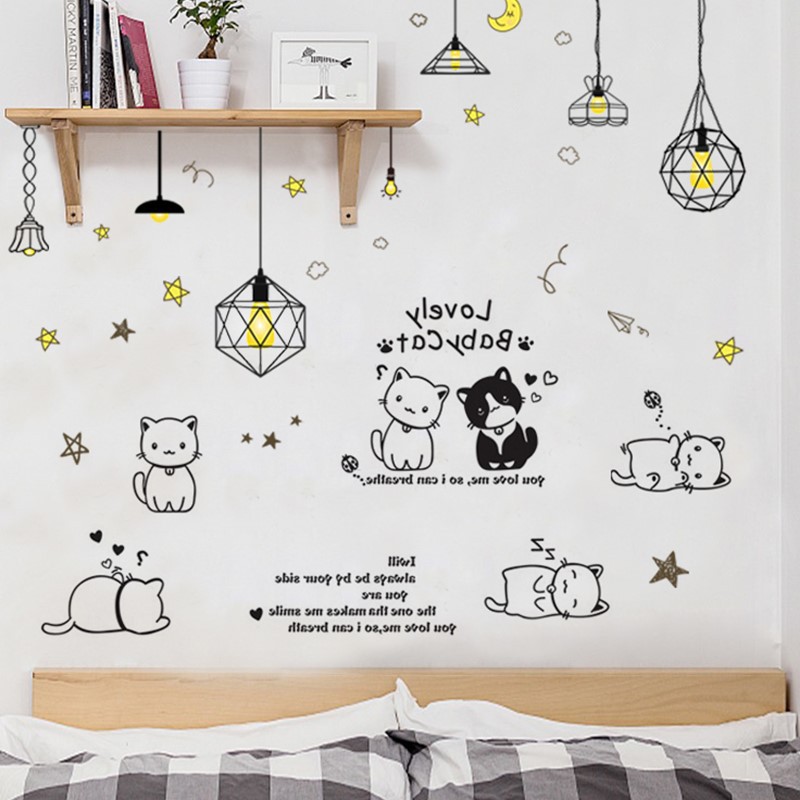 [CHỌN NHIỀU MẪU] Decal dán tường Mèo xinh và dây đèn dây hoa - tranh decal trang trí phòng ngủ | BigBuy360 - bigbuy360.vn