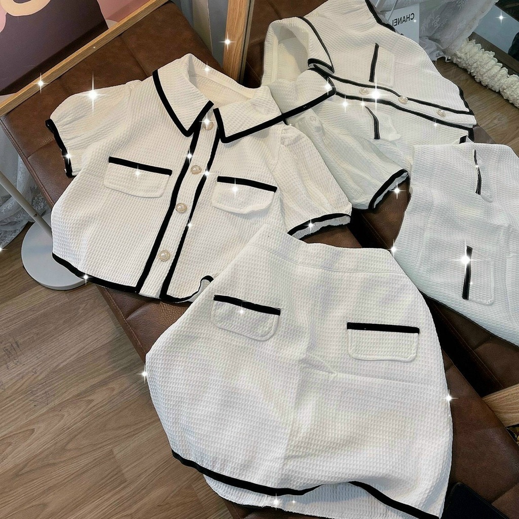 Set áo dạ xốp cổ sen viền đen+chân váy trắng 💖 KÈM ẢNH THẬT