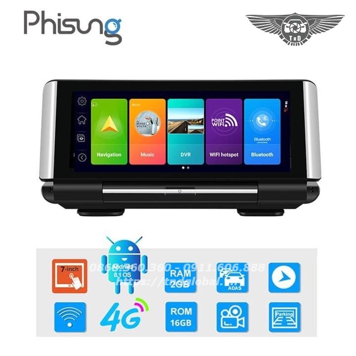 Camera hành trình đặt taplo ô tô 4G, wifi, 7 inch tích hợp cam lùi Phisung K7