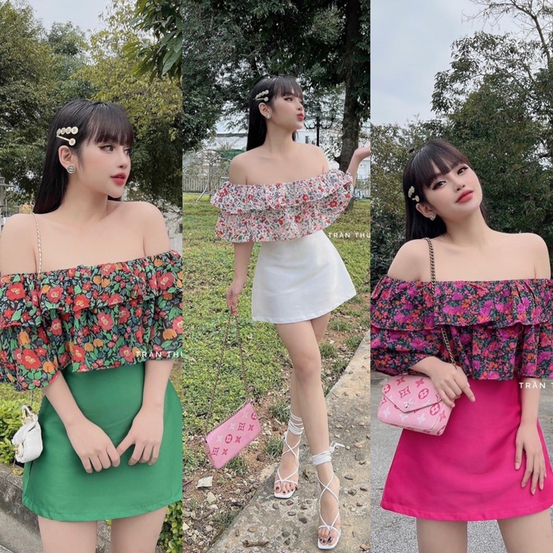 Sét áo hoa thô trễ vai mix chân váy tacta nhiều màu