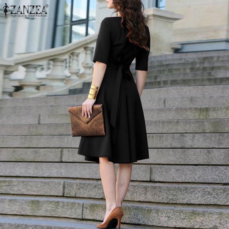 Đầm midi ZANZEA tay ngắn cổ chữ V dáng rộng có dây thắt lưng thời trang dành cho nữ