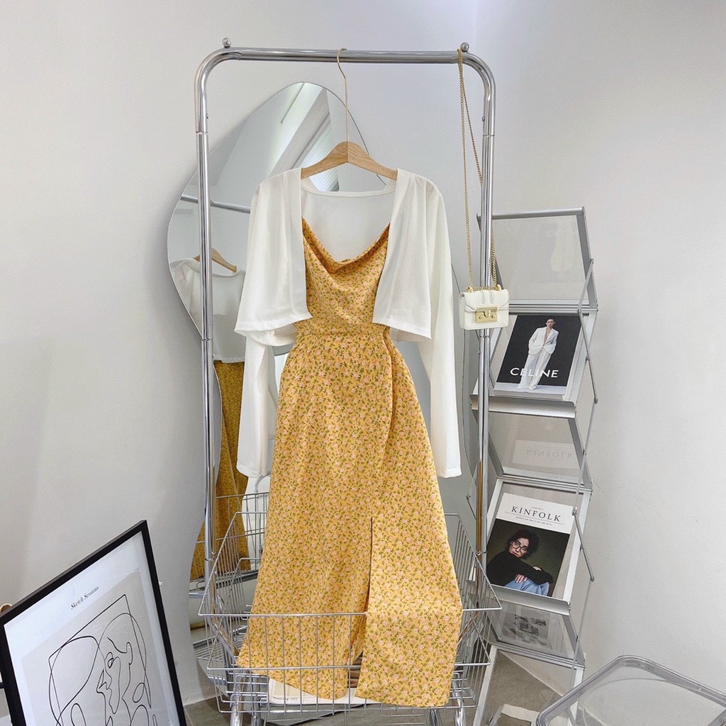 Set đầm 2 dây hoa kèm khoác cardigan màu vàng siêu tôn da | BigBuy360 - bigbuy360.vn