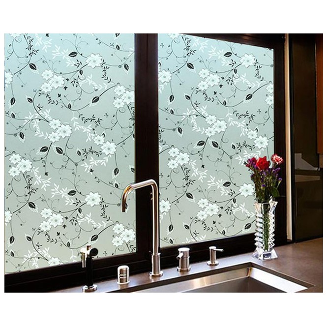 Decal giấy dán kính hoa lá đen