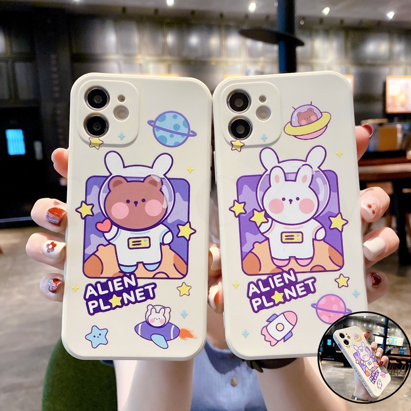 White Case For OPPO A31 A9 A5 2020 A92S A52 A72 A92 A91 A12e A83 A59 A59S A57 A39 AX5 A3S Phone Case Bear rabbit Soft-touch New Luxury Side Printing Square Liquid Silicone Soft Cover Shell