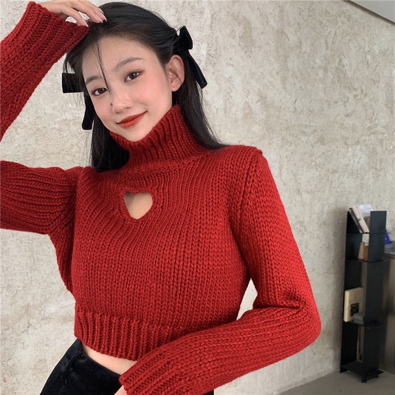 Áo sweater cổ cao tay dài dáng ôm in họa tiết trái tim thời trang thu đông mới cho nữ