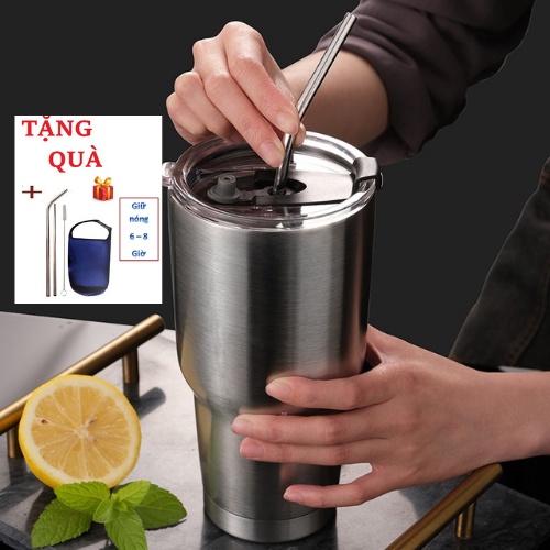 Cốc giữ nhiệt màu bạc 2 lớp dung tich 900ml có nắp chống tràn tặng kèm 2 ống hút, túi đựng,cọ rửa